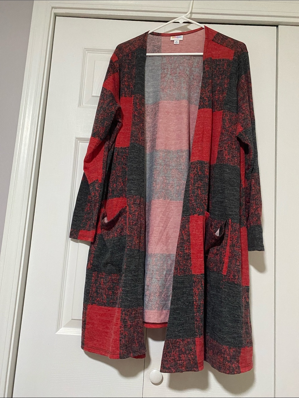 LuLaRoe Red & Charcoal Open-Front Cardigan